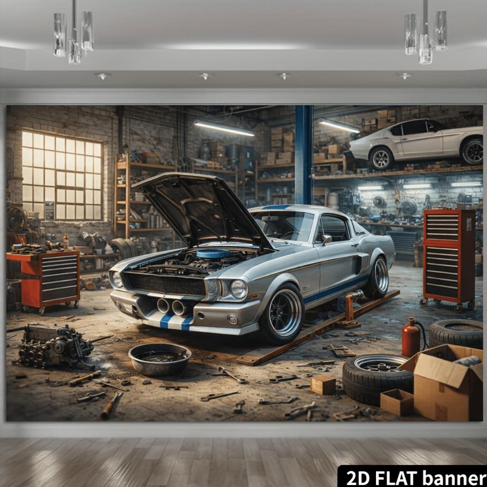 2D Ebene Retro Auto Reparaturwerkstatt Silber Sportwagen Hintergrundtuch - Klassische Muscle Car Wartungsszene Elemente, Polyester