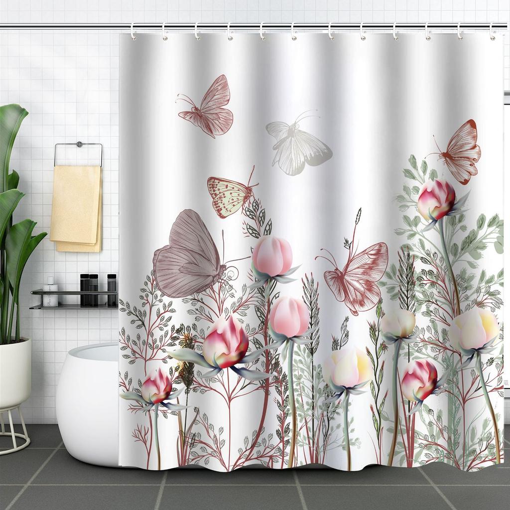 Green Plant Waterproof and Mildew-proof Polyester Bathroom Shower Curtain Shower Curtain Partition Curtain Free of Punching