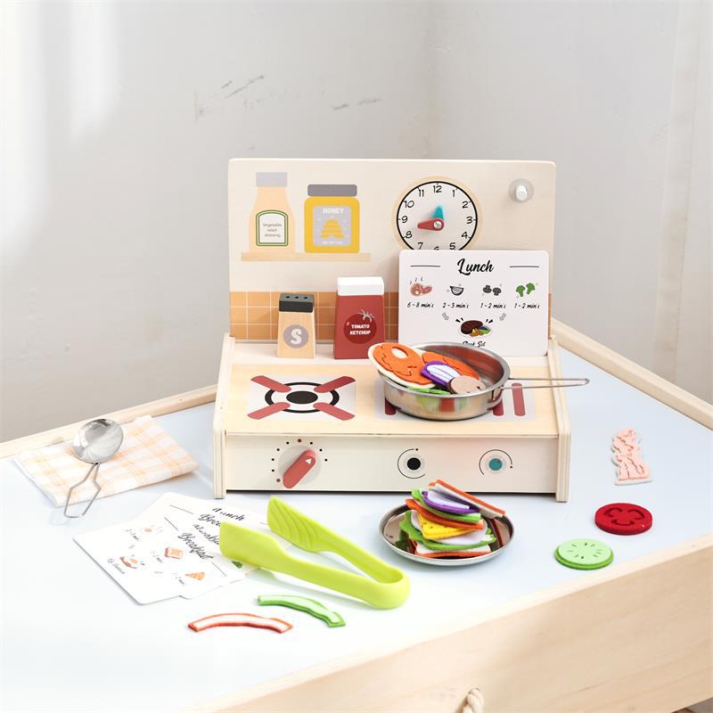 Early Education Wooden Simulation Cooking Kitchen Pretend Play Toy, Wooden Stove Cookware Tableware Cognitive Toy for Baby
