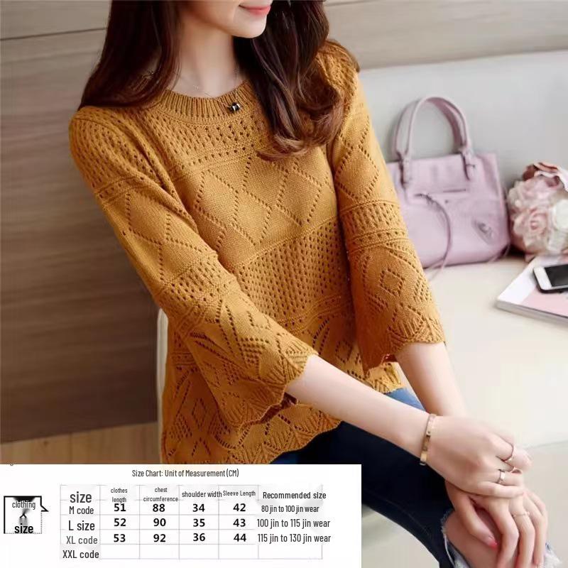 

Кардиган с рукавами-фонариками средней длины в корейском стиле - Универсальный тонкий вязаный свитер с круглым вырезом и ажурной вязкой для женщин (Весна лето) L (for 55-65 kg)