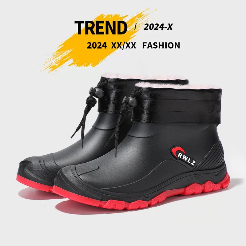 Spring and Autumn Short Rain Shoes Trendy Men's Fashion Rain Boots Urban Outdoor Wading Shoes Waterproof Glue Shoes Fleece Cover Thermal Rubber Shoes