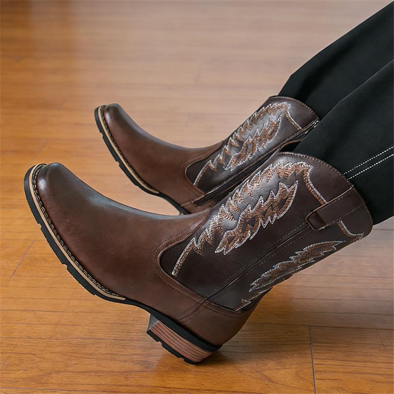 Luxury Fashion New Designer Men's Western Cowboy Boots Men's Patchwork Embroidery Mid-calf Leather Boot Casual Shoes for Men