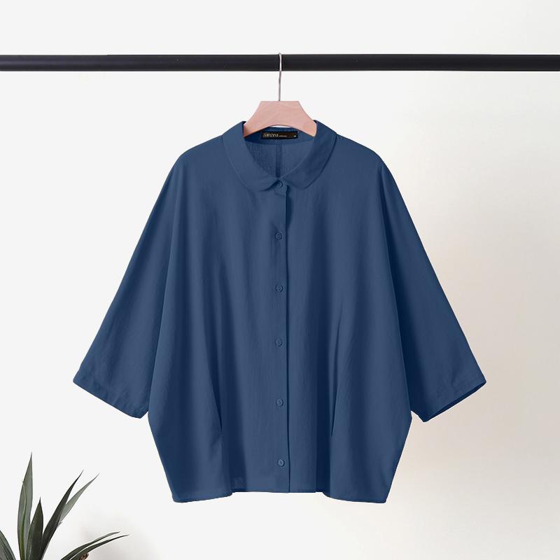 

ZANZEA Женская летняя блузка с кукольным воротником, свободного кроя, с рукавами 3/4 3XL тёмно-синий