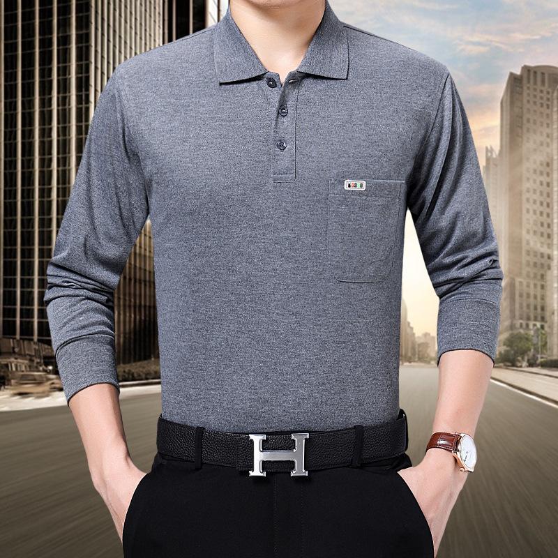 

Модная однотонная футболка с длинным рукавом и лацканами для мужчин среднего возраста — свободный крой, повседневная одежда для папы с настоящим карманом. 3XL (160-180 lbs)