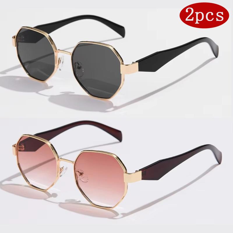 2pcs Retro Polygon Metal Frame Sunglasses Women Fashion Trend Frame Sunglasses Men Luxury Brand Design Decorative Glasses Uv400
