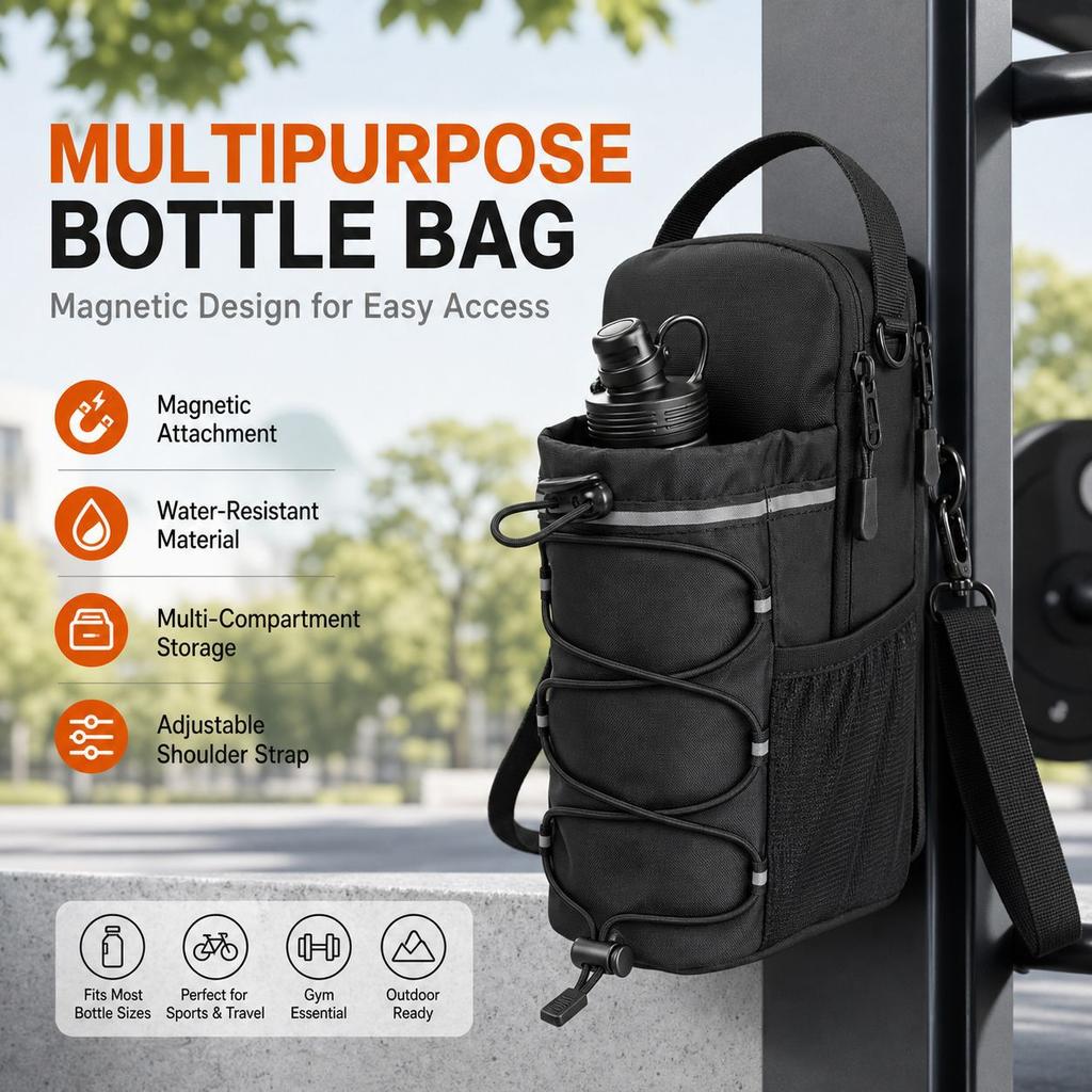 Magnetic Gym Water Bottle Bag Portable with Reflective Strip Phone Pocket - Organizer for Fitness Accessories