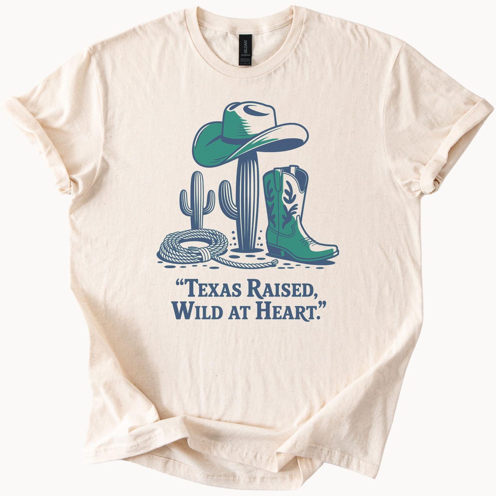 Texas Cowboy Graphic T Shirt Western Cactus Boots Hat Ranch Rodeo Tee Texas Raised Wild at Heart Country Style Apparel 130