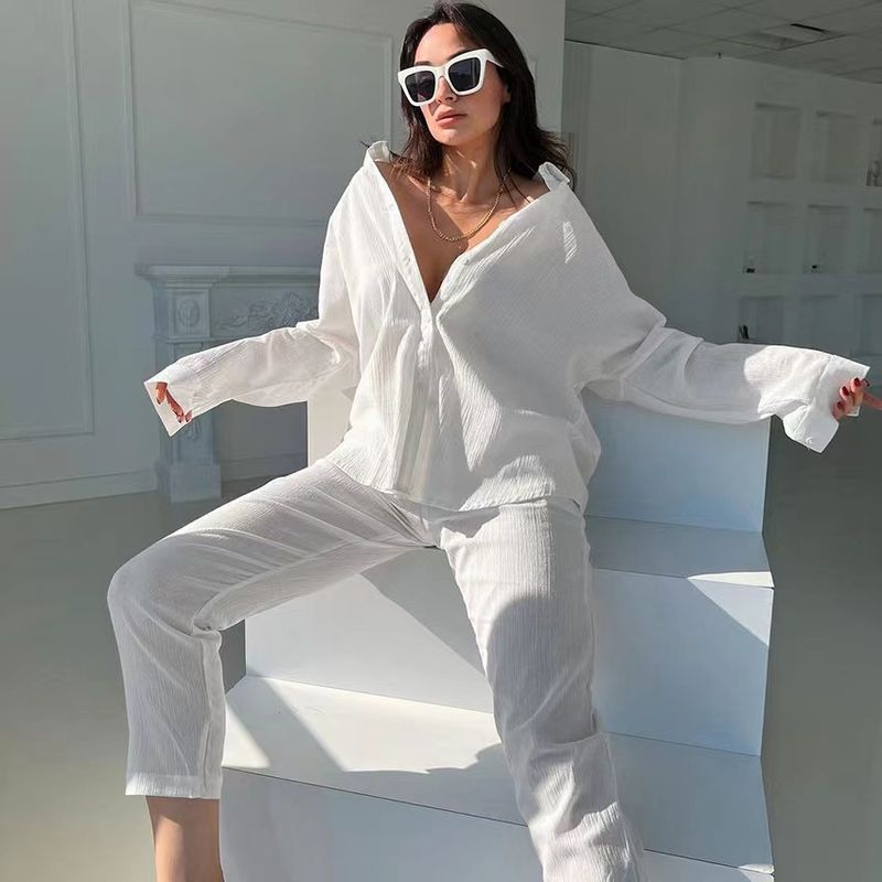 Fashion Style New Arrival Loose Long Sleeves Shirt Pants Pure Color Suit Homewear Shirt Long Pants Set