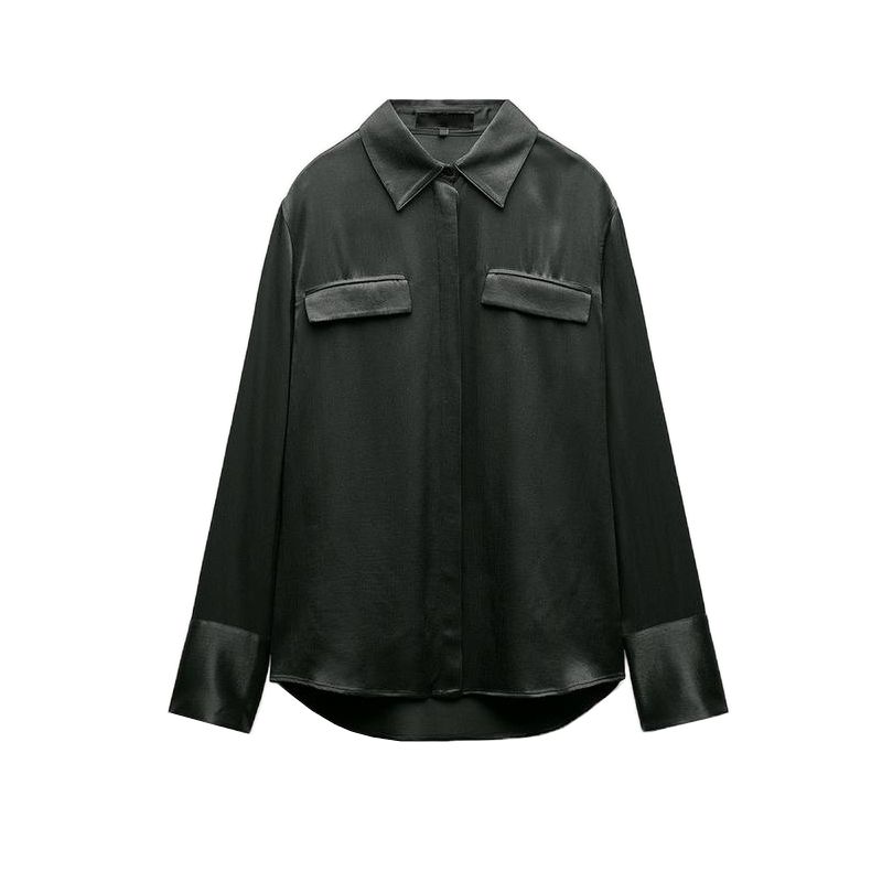 Fall and Winter New Women's Clothing Fashion Style Loose Lapels Pocket Silk Satin Texture Long Sleeves Shirt 8987213