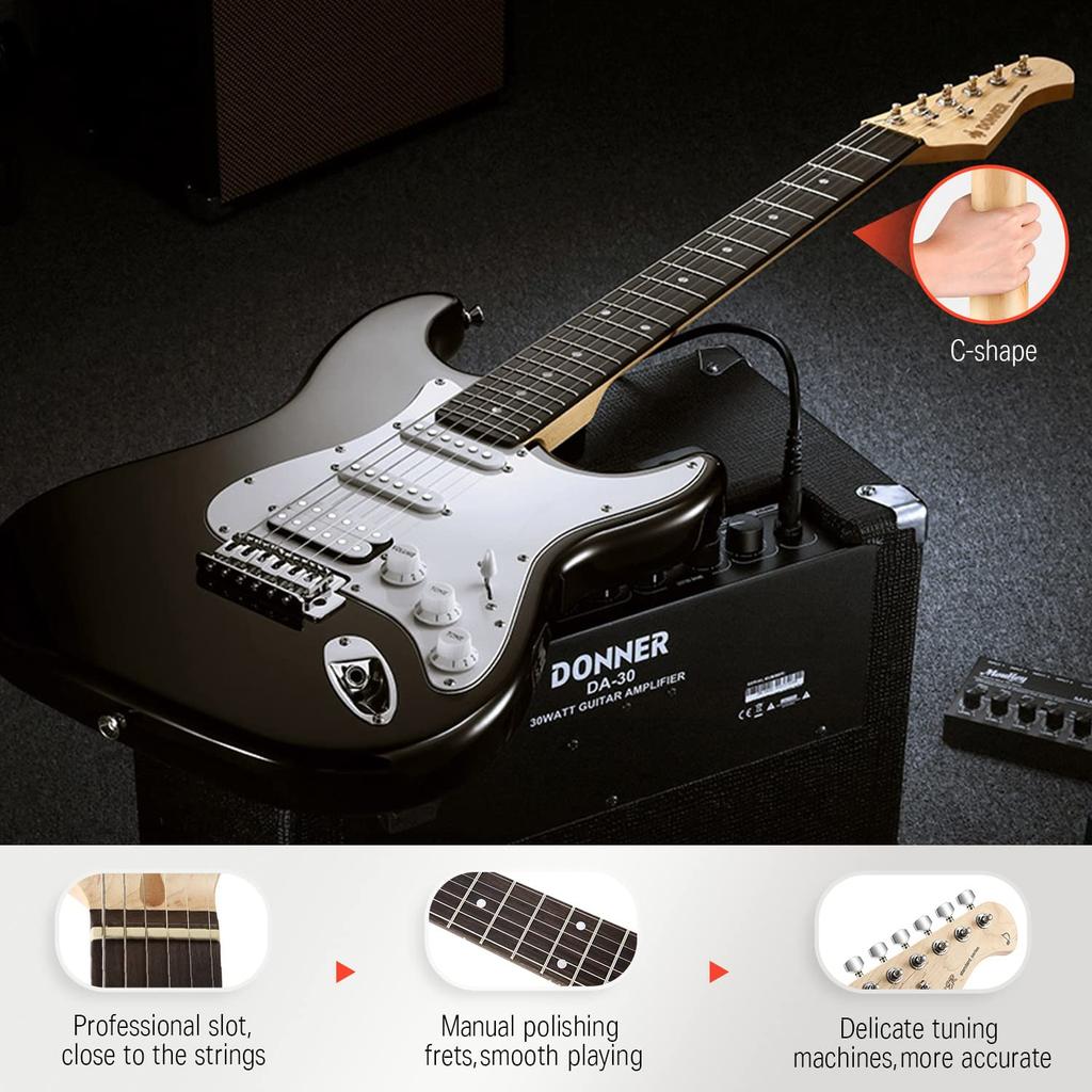 Donner Electric Guitar Beginner Set ST Type SSH Pickup Arrangement 39 Inches Full Size Poplar Wood Mini Amplifier Black 7 Piece Accessory Set
