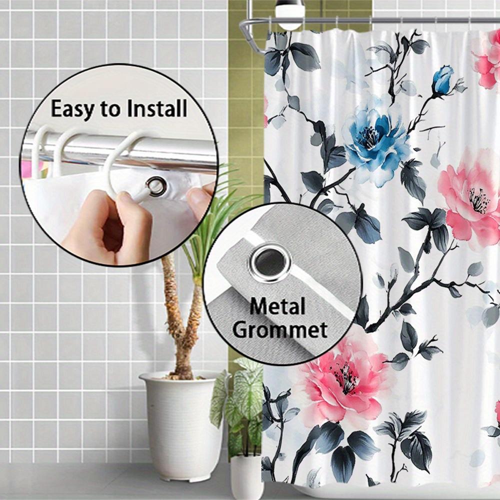 1pc Floral Watercolor Shower Curtain - Elegant Pink & Blue Blooms with Dark Branches, White Background, 70x70 Inches,