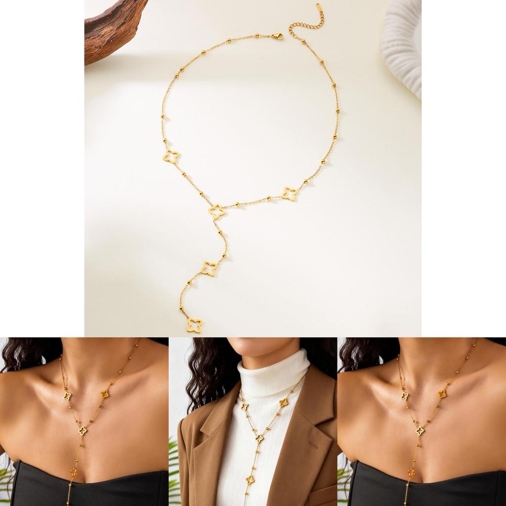 Geometric Four Leaf Clover Necklace With Stainless Steel Chain And Music Note Element For Daily Fashion