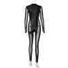 European & American Cosplay Nightclub Mesh Patchwork Sexy Black Jumpsuit with See-through Long Sleeves