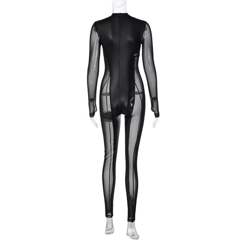 European & American Cosplay Nightclub Mesh Patchwork Sexy Black Jumpsuit with See-through Long Sleeves