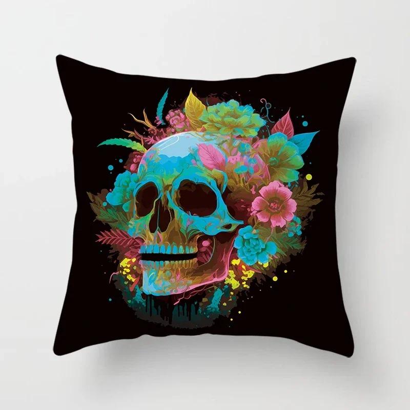 Home Decor Colorful Skull Flower Pillowcase Decorative Print Square Car Sofa Fashion Cushion Cover