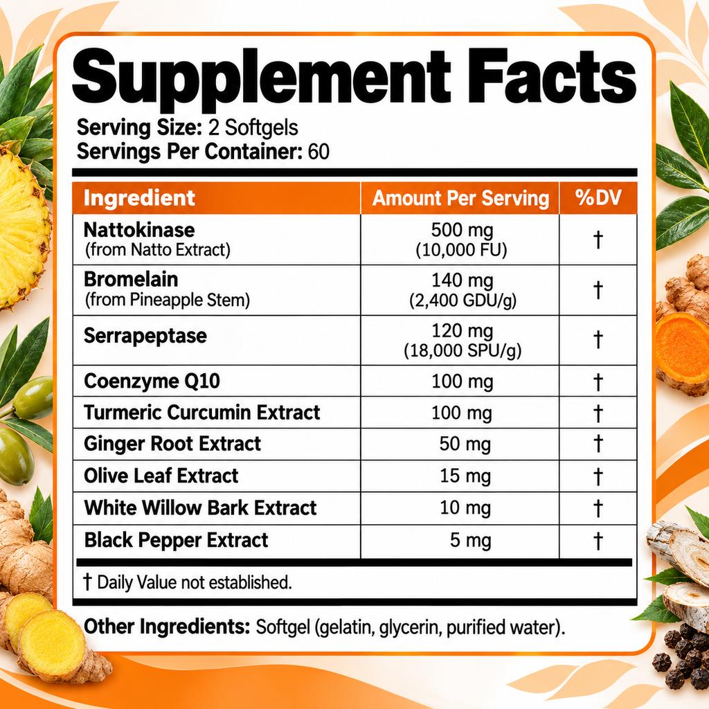 Plant-Derived Enzyme Complex Capsules, Nattokinase 10,000 FU, Coenzyme Q10, Bromelain, Olive & Turmeric Blend, Nutritional Supplement