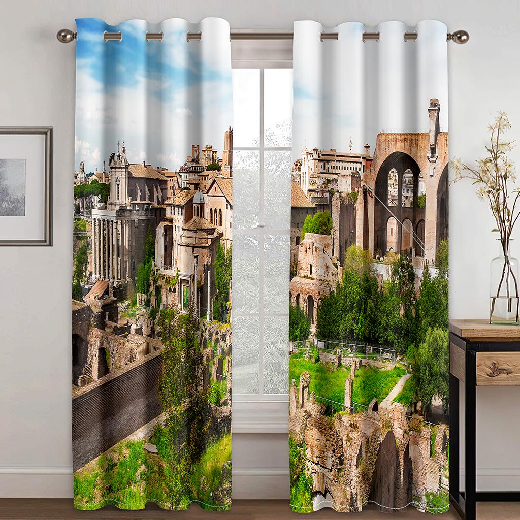 Ancient Greek City Scenery Architectural Drapes 2 Panels Luxurious Livingroom Space Bedchamber Balcony Den Kids Space Kitchen Decoration