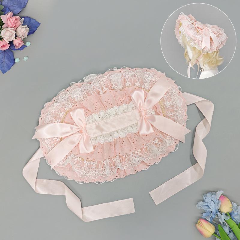 Japanese-Style Lace Lolita Straw Hat Vintage Garden-Style Y2K Headwear Woven Flat Hat Bonnet Sun Hat with Straps Gift for Girl