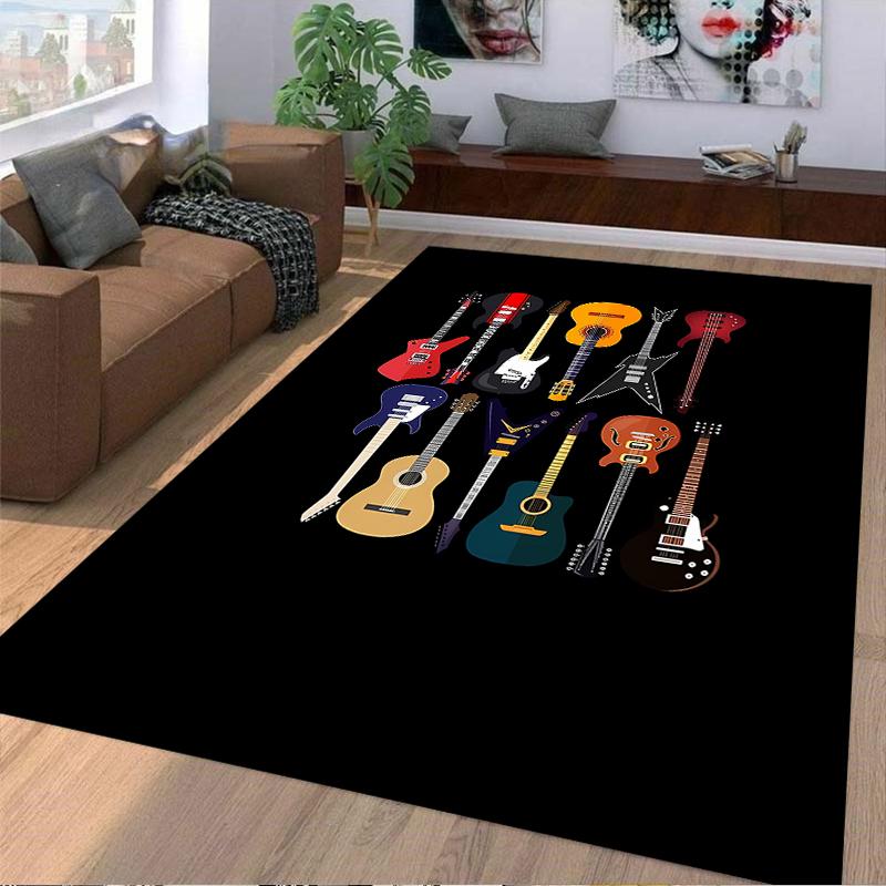 Colorful Guitar Pattern Carpet for Music Lovers, Black Background Design Suitable for Use As an Anti-slip for Living Room Bedroom Sofas