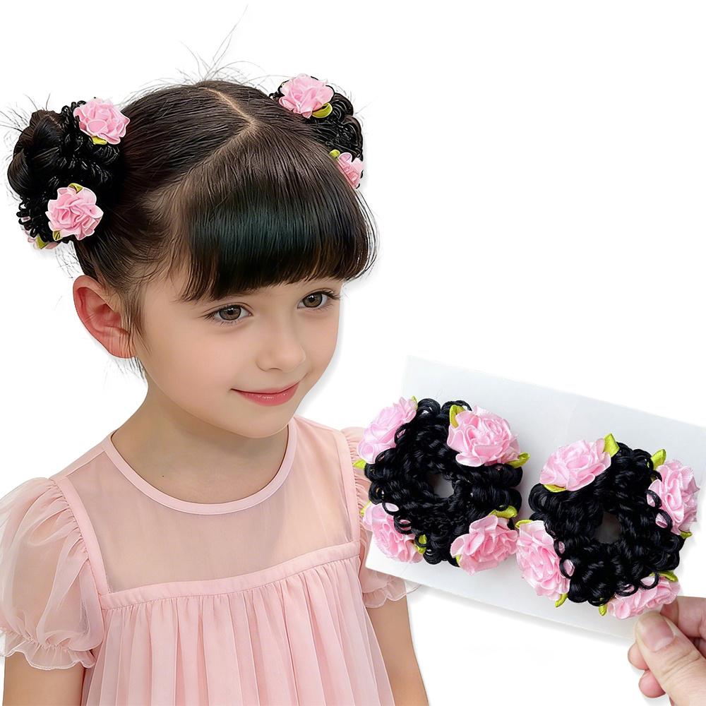 Aylhfo Girls' Spring 2pcs Colorful Flower Wig Scrunchies/Cute Bohemian Style Fabric Flower Wig Ponytail Hair Ties