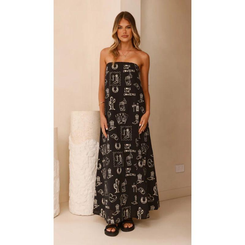 

Long Length Dress2025 European American Summer New Female Digital Print Tube Top a Swing Maxi Dress Black XL