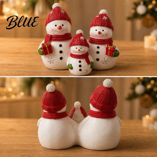 Mini Snowman Figurine Christmas Resin Figurine Cute Family of 3 Statue with Santa Unique Presents Hat Red Scarf Holiday Tabletop Ornament