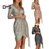 Women Evening Dress V Neck Long Sleeve Shiny Sequin Belted Tight Waist Irregular Hem Solid Color Soft Breathable Pullover Elastic Above Knee Length