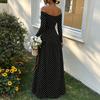 Women's Off-Shoulder Polka Dot Long Sleeve Dress with Waist-Cinching for Vacation