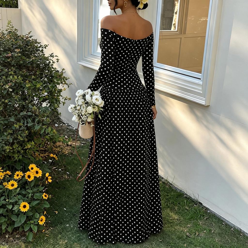 Women's Off-Shoulder Polka Dot Long Sleeve Dress with Waist-Cinching for Vacation