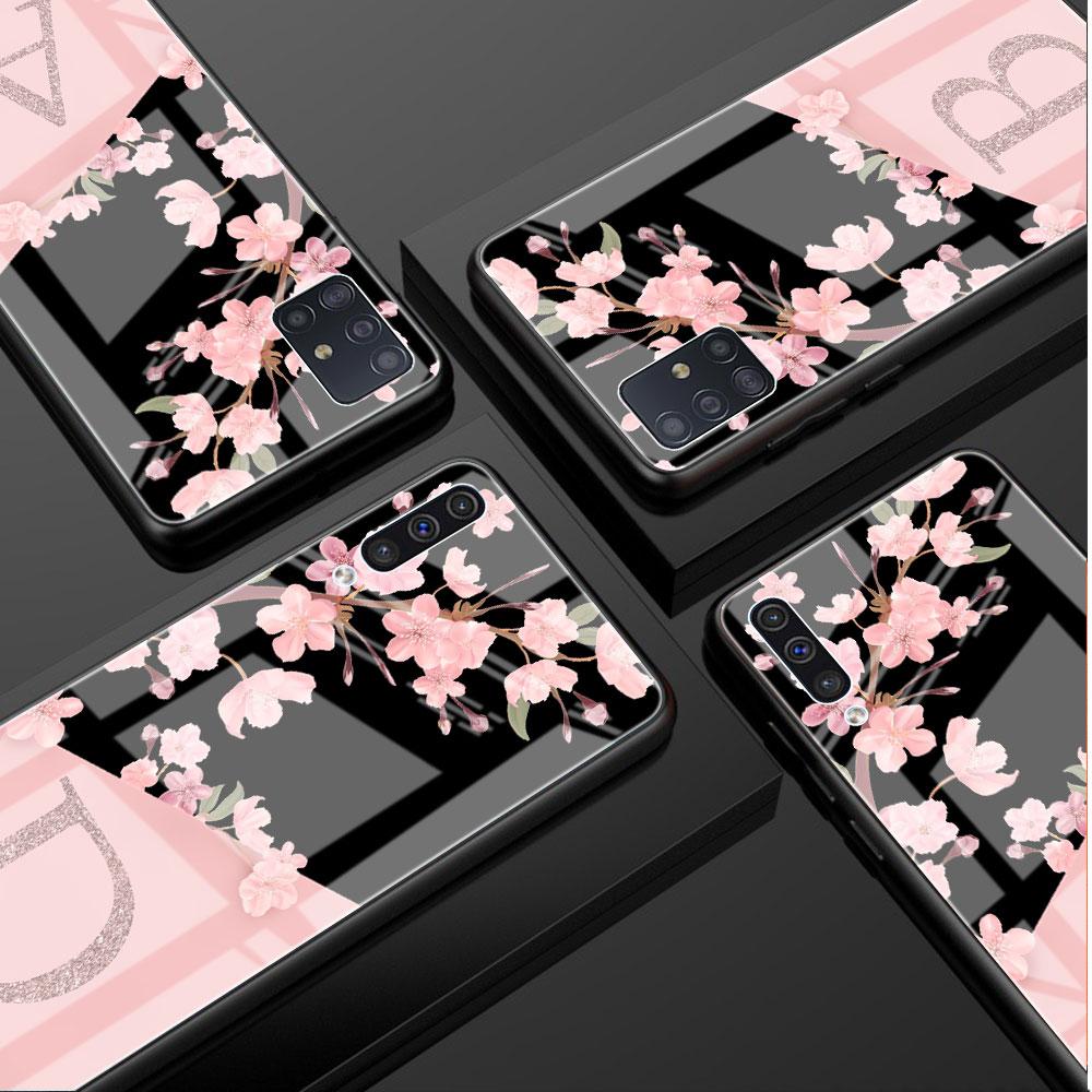 Glass Case For Samsung Galaxy A52 A71 A50 A51 A70 A21s A31 A72 A10 A12 A30 A22 5G Phone Cover Cherry Blossom Flower Initial