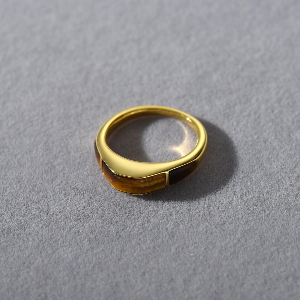 French Copper-Plated 18K Real Gold Inlaid Tiger'S Eye Stone Spotted Stone Ring, Elegant Temperament Simple Niche Ring