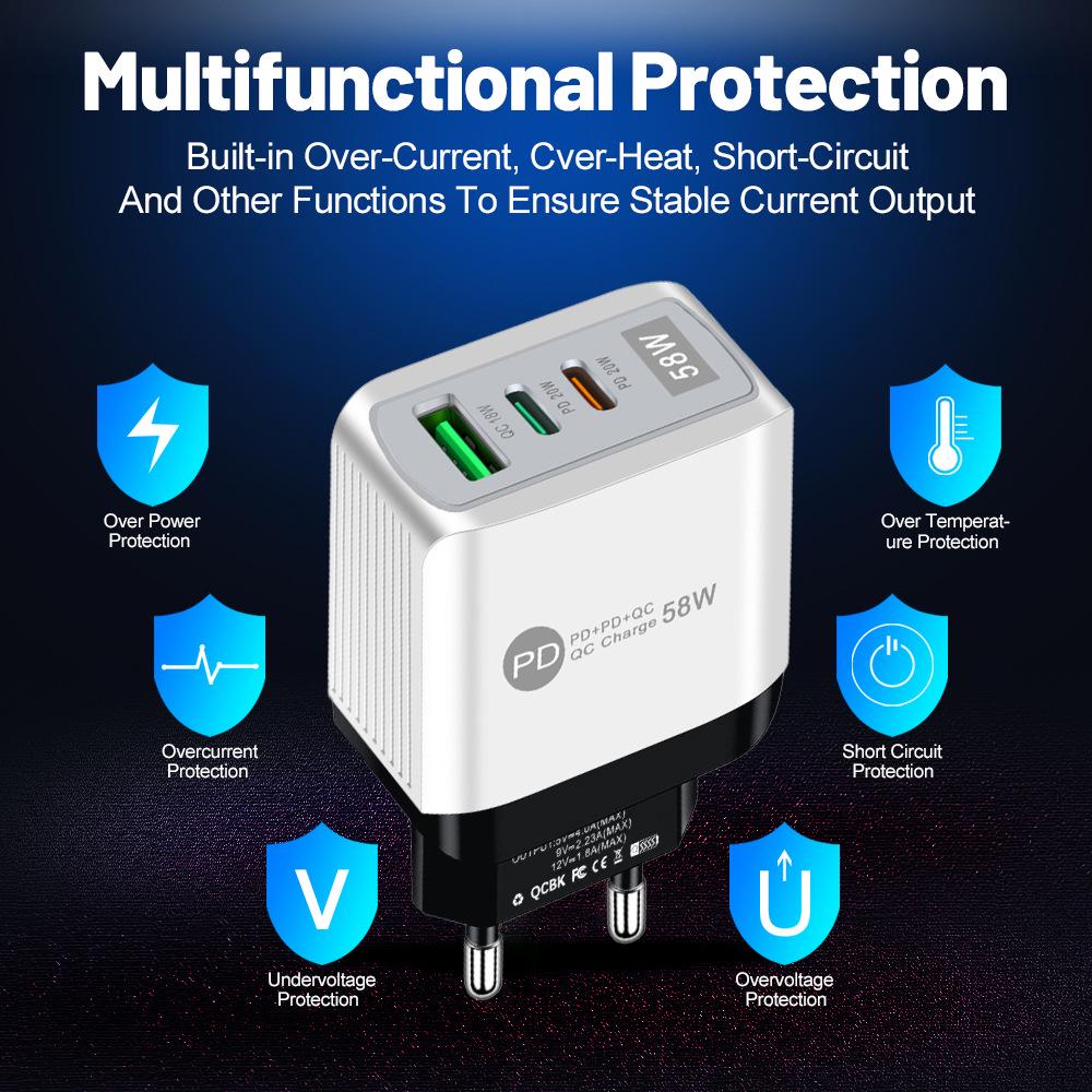 58W Dual Fast Charger with 2PD + QC3.0 for EU, US, UK, AU Plugs