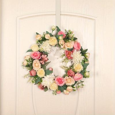 1 Pc Spring Artificial Peony Flower Wreath 40cm Flower Door Wreath with Green Leaves Wreath for Front Door Wedding Wall Home Decoration