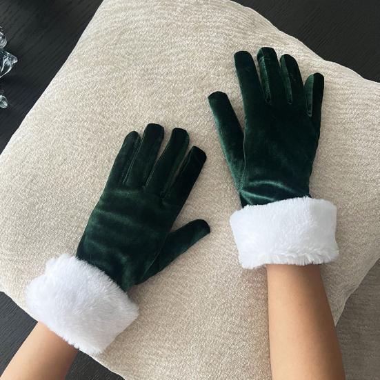 Short Retro Velvet Gloves Women Opera Gloves with Fuzzy White Cuffs Wrist Length Finger Gloves for Christmas Costume Wedding Tea Party Banquet Dance