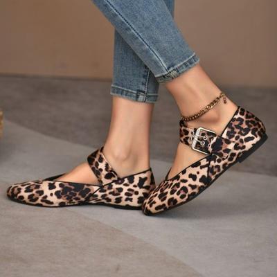 Chaussure Mary Jane Chic Automne 2024 pour Femme Bout Rond Imprimé Léopard Décontractée Souple Rue Grande Taille Haute Qualité Ballerines pour Dames