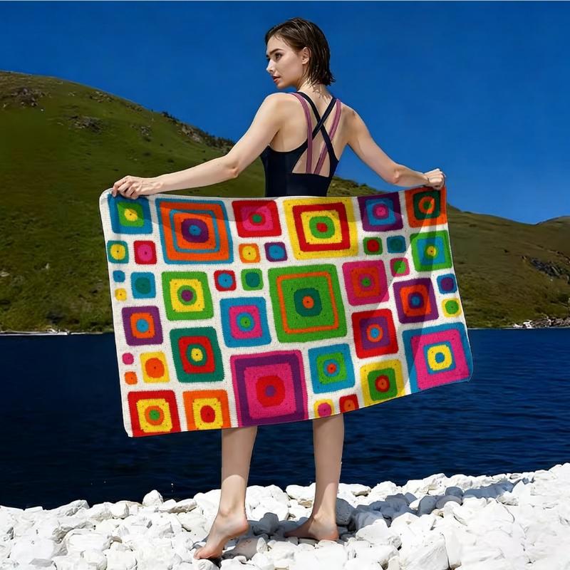 

1pcs Bohemian Oversized Beach Towel Suitable Beach Vacations,Bath - Quick-Dry Microfiber Bath Towel with Multicolor Square Print W40*H60(CM)