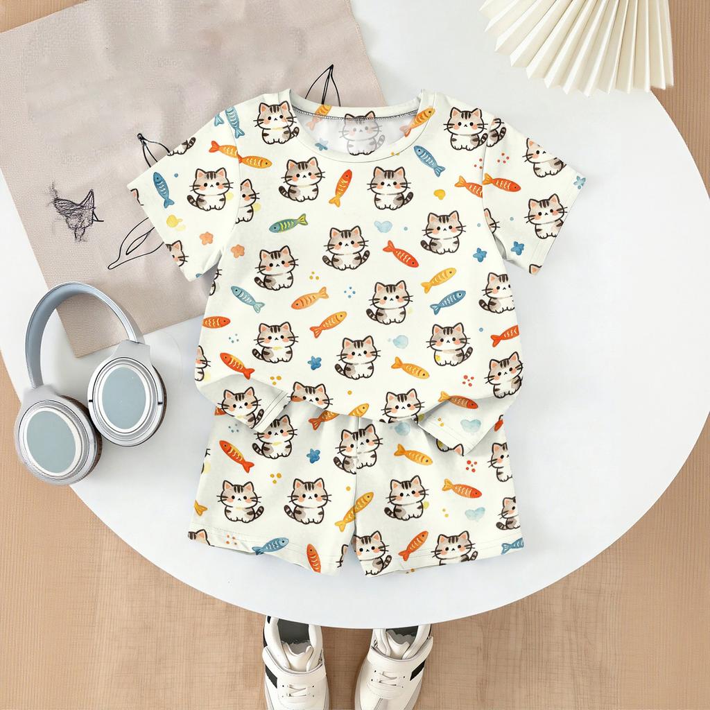 Kids Casual Short Sleeve Top and Shorts Set Animal Print Lightweight Breathable Summer Outfit for Boys and Girls Soft Fabric