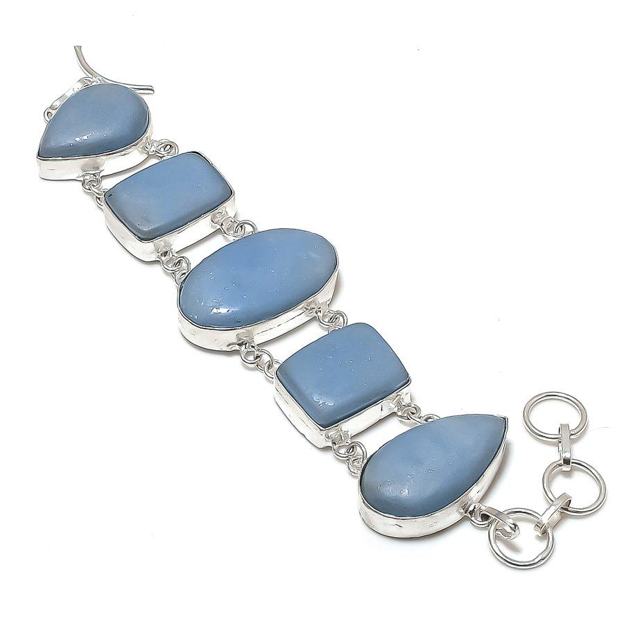 Natural Angelite Stone Gemstone Handmade 925 Sterling Silver Bracelet 7-8" ASB-3002