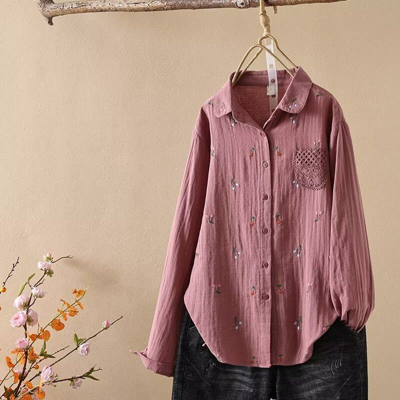 

Embroider Long Sleeves Shirt Women s 2024 Artsy Fresh Sweet round Neck Lace Pocket Easiest for Match Double-Layer Yarn Shirt Purple pink(Long sleeves) L 65.00 kg-75.00 kg