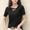 Moda Verão Feminina Camiseta Gola V Solta Cor Sólida Top Camiseta Casual