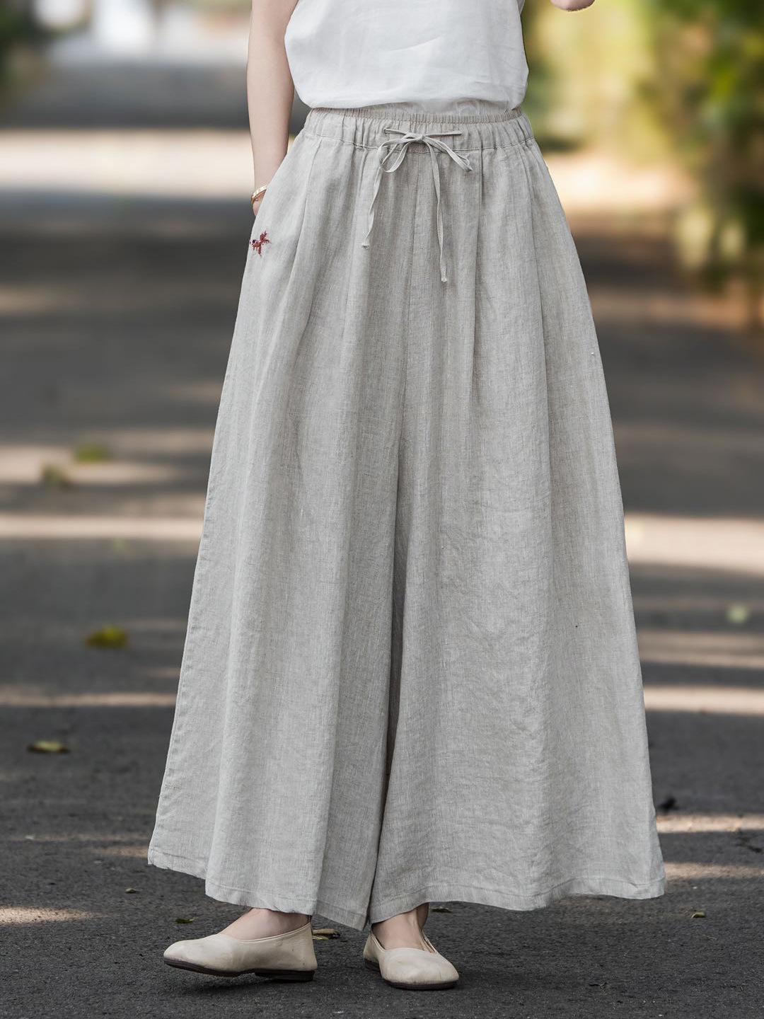 

Artistic Embroidered Elastic Waist Wide Leg Skirt Pants - Spring 2026 Collection, Plus Size, New and Loose Fit One Size Лляний