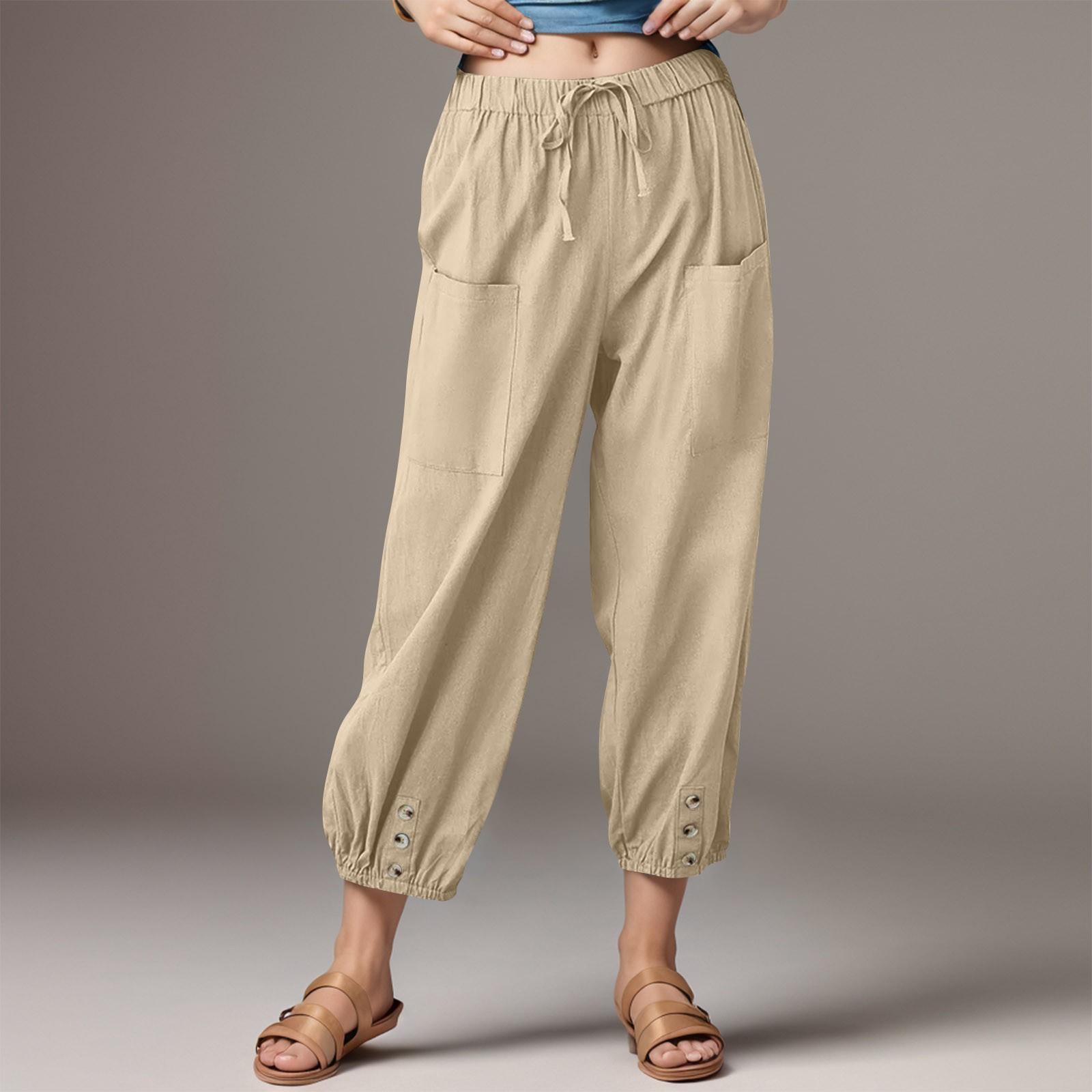 

Women s Fashionable Color Linen Cotton Pocket Leggings Elastic Casual Pants M хакі