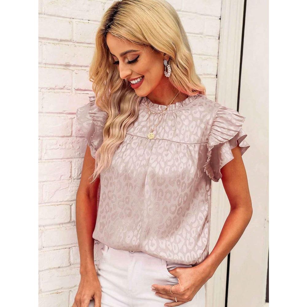 GMXIA Women's Summer Fashion All-match Printed Lotus Sleeve Wavy Neck Women's Top