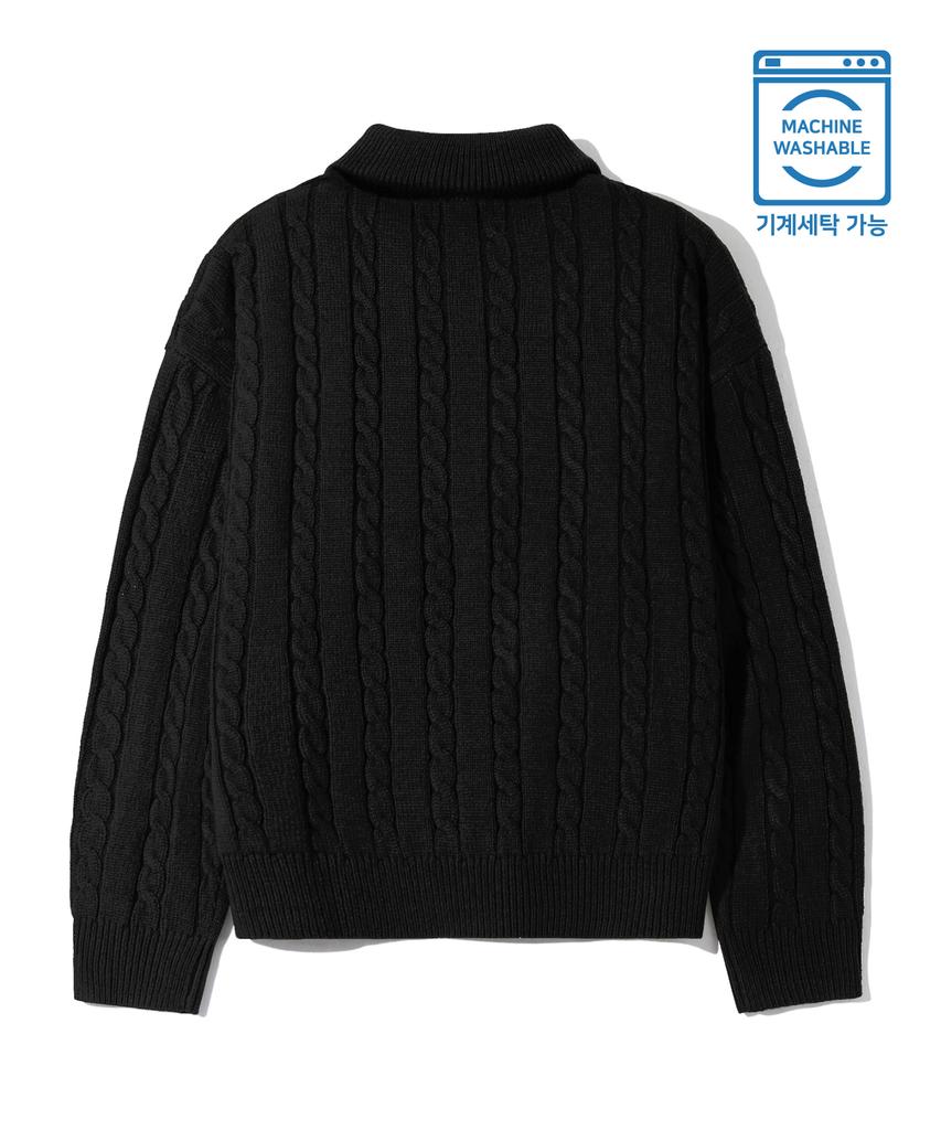 TRILLION Washable Half-Zip Collared Cable Knit (Pure Black)