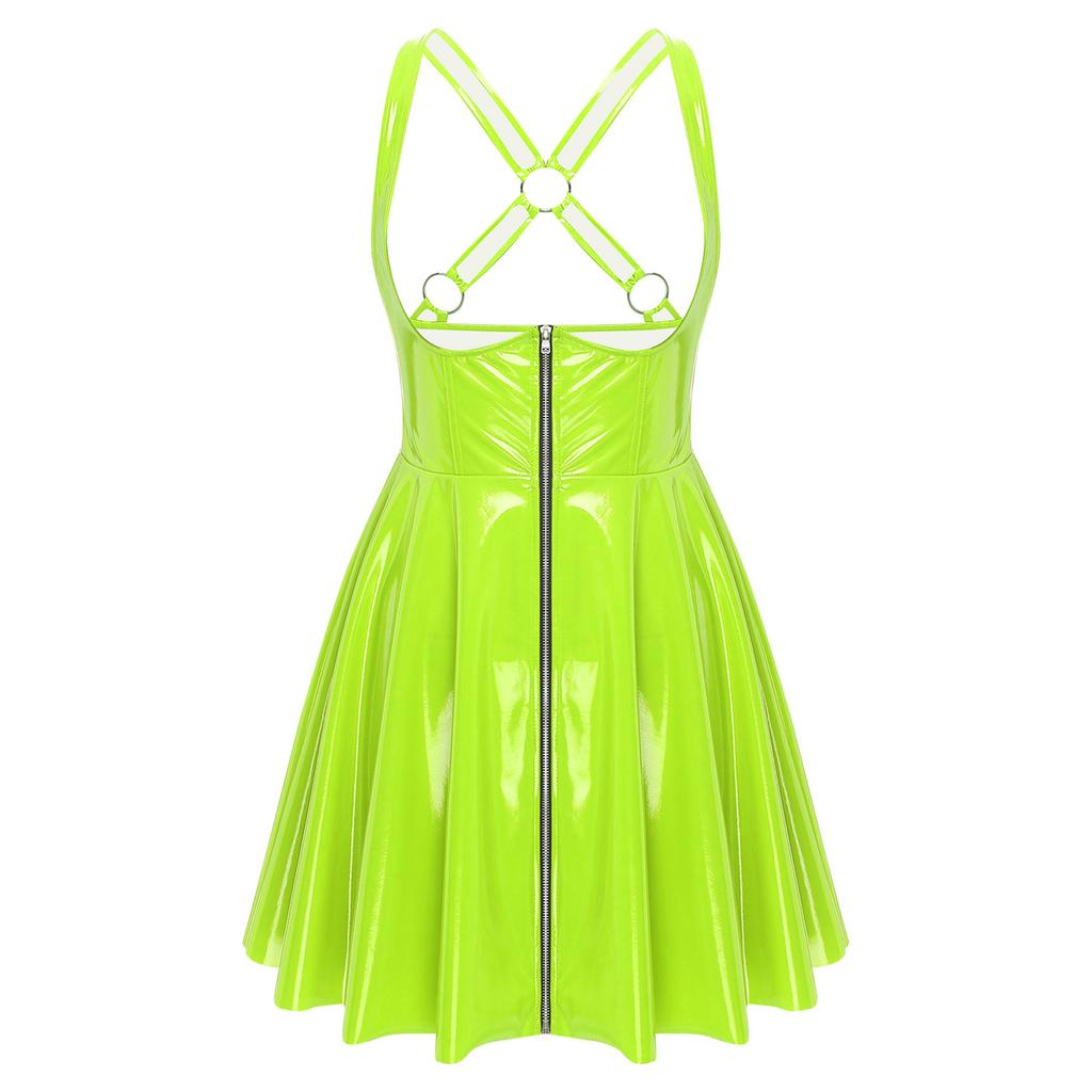 Mouwloze gothic punkjurk voor dames met lage halslijn, ritssluiting aan de voorkant, gekruiste A-lijn en glanzende wet-look, geschikt voor in de club.