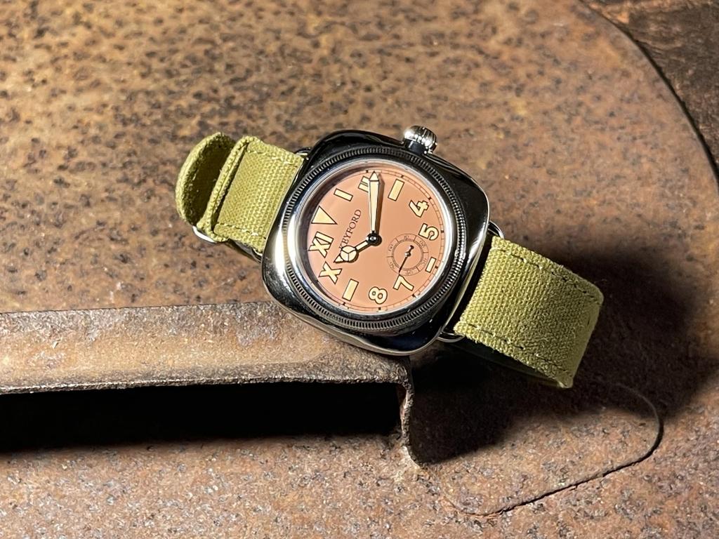 Military California Dial Watch Smoky Pink Green Fabric Strap M.R.M.W. Watch, Pink, Dial,