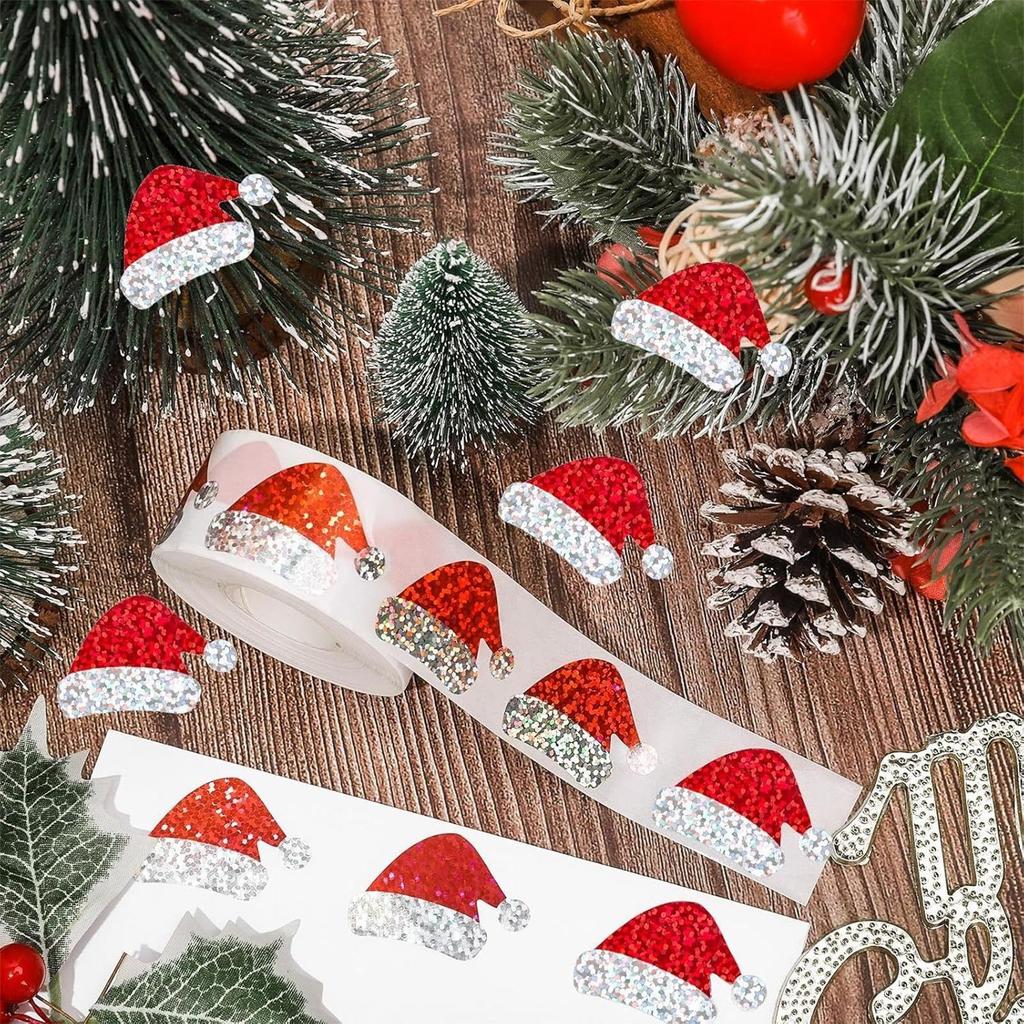 Santa Hat Stickers Roll 500 Pieces Christmas Decorative Stickers Scrapbook Decals for Holiday Home Gathering Party School Kids