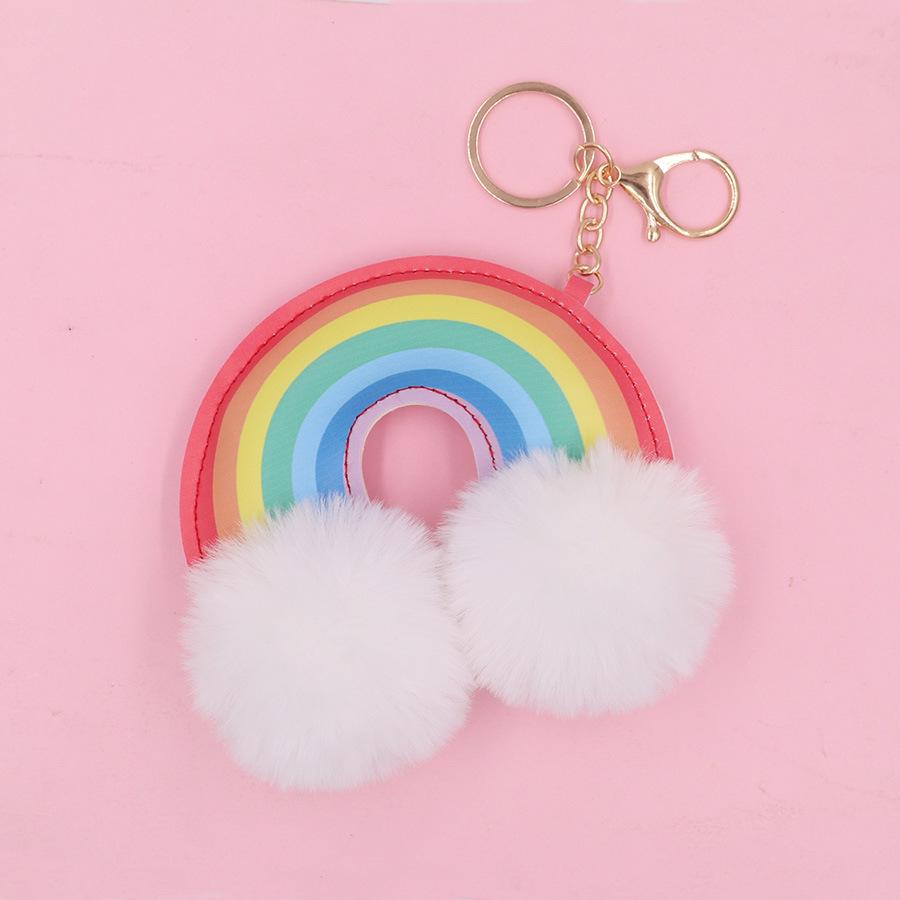 Siebenfarbiger Regenbogen Plüsch Schlüsselanhänger - Leder Pelzkugel für Taschen, Rucksäcke & Gepäck