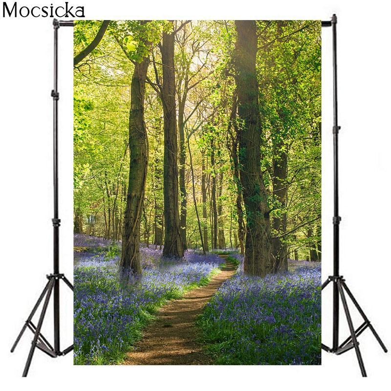 Mocsicka Spring Forest Photography Background Country Lane Purple Flowers Decoration Props Baby Shower Photo Backdrop Studio