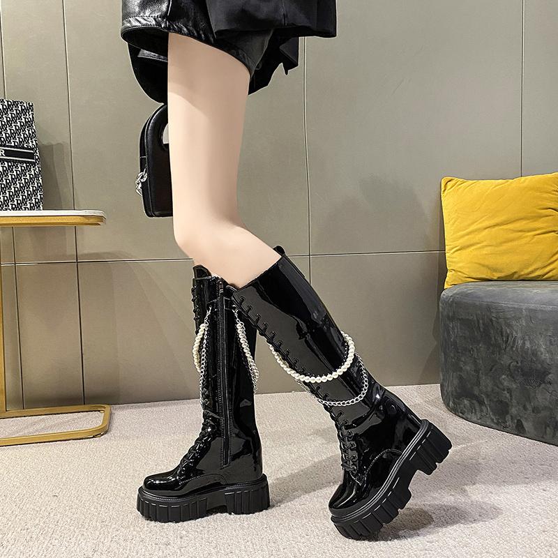 Fashion Women's Boots Black Platform Wedges Shoes for Women Autumn Winter Gothic Botas High Heels Metal Chain Punk Style Knee High Boots